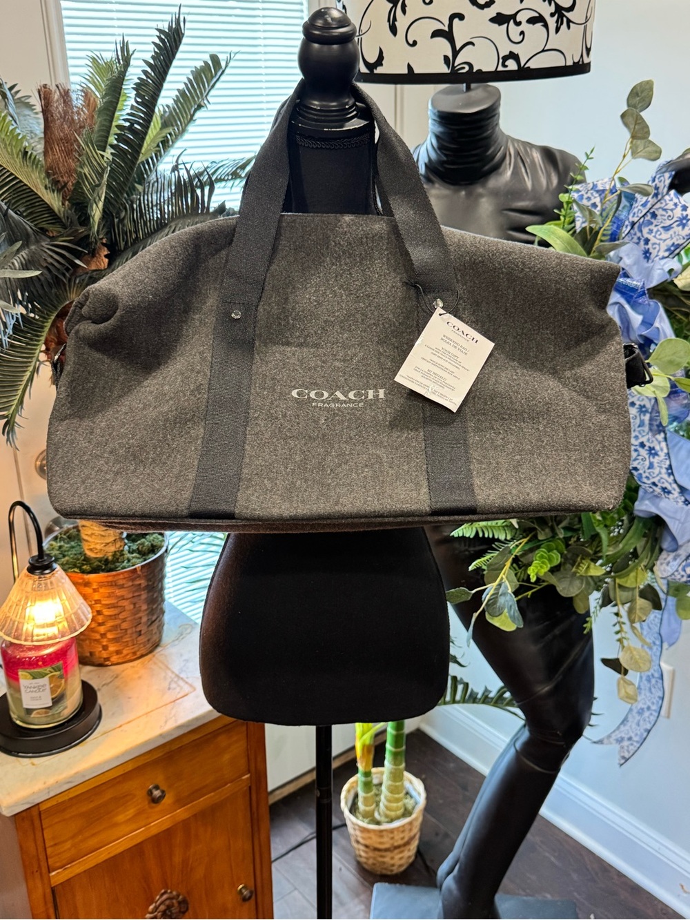 COACH Gray Canvas Duffel Bag with Black Straps